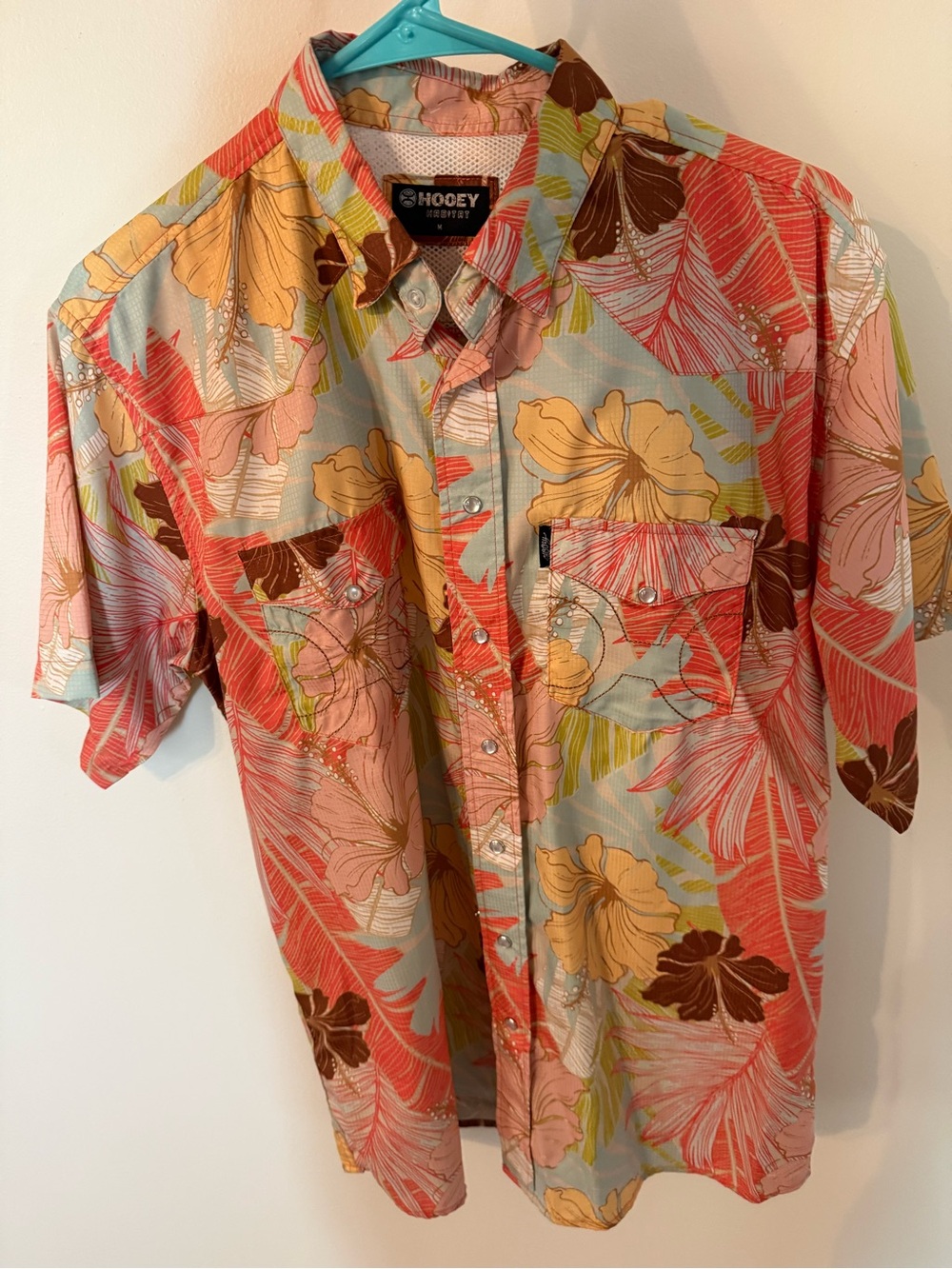 Hooey Coral, Light Blue and Yellow Tropical Button-Down Shirt